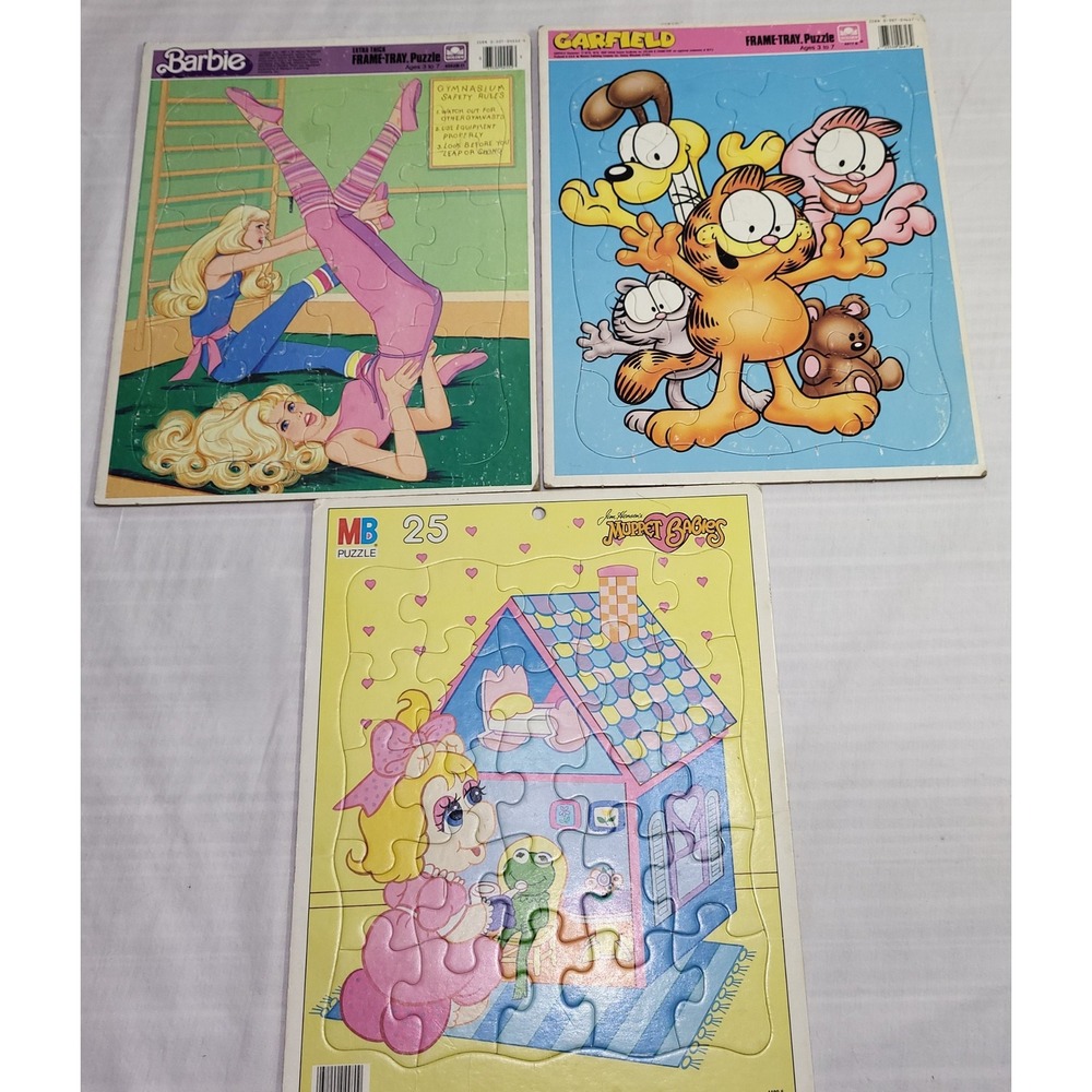 3 Golden Milton Bradley Frame Tray Puzzles Barbie Garfield Muppet Babies Vtg 80s